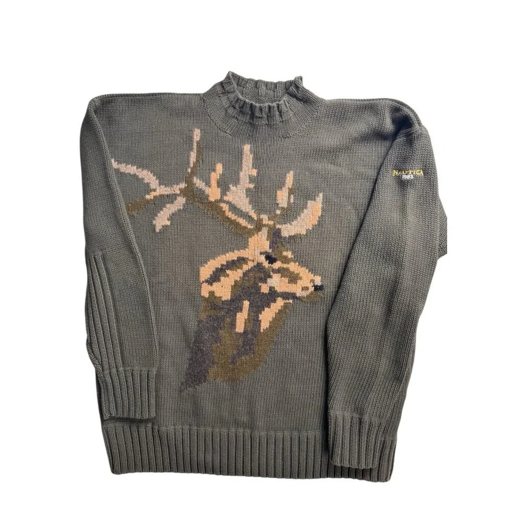 Vintage 90s Nautica Heavy Knit Sweater Camo Deer Medium